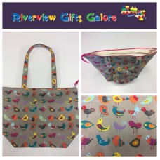 Large Tote Bag With Zip - Birds Taupe Large Tote Bag With Zip - Birds Taupe